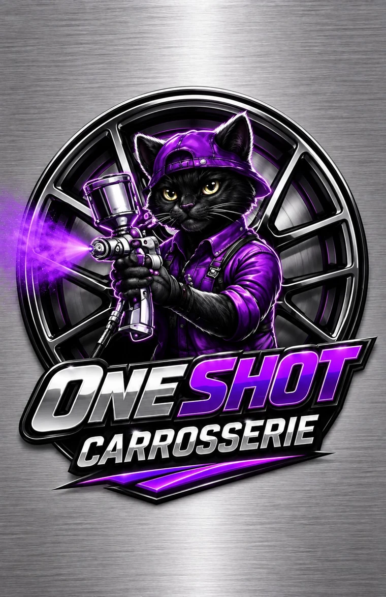 Identité visuelle One Shot Carrosserie avec mascotte et jante